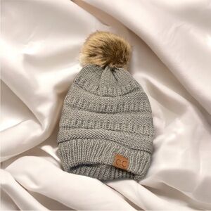 C.C Kids Light Gray Knit Beanie with Faux Fur Pom-Pom